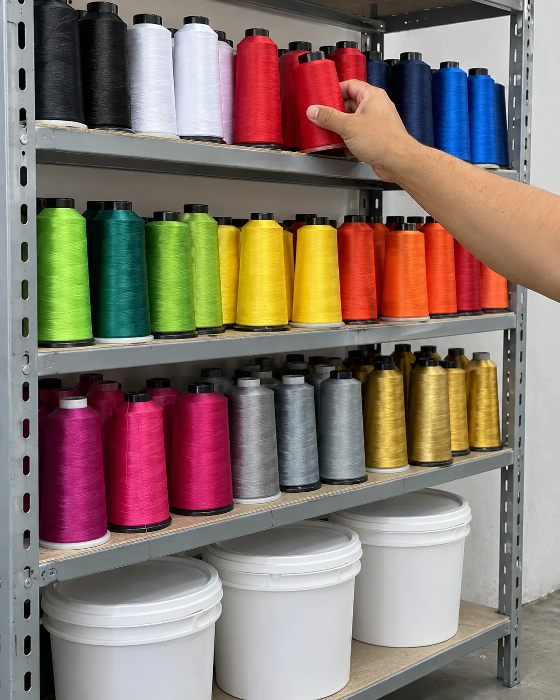 A shelf of embroidery thread cones in many colors
