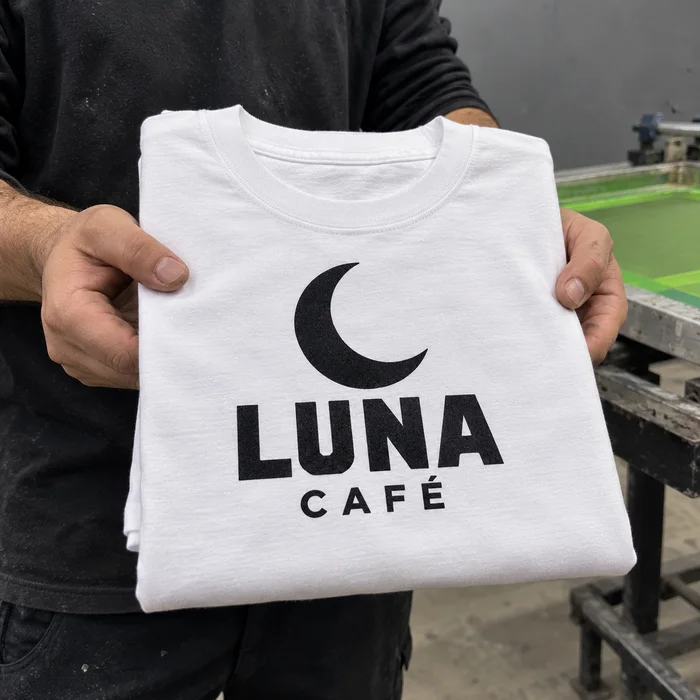 Two hands holding the finished printed T-shirt