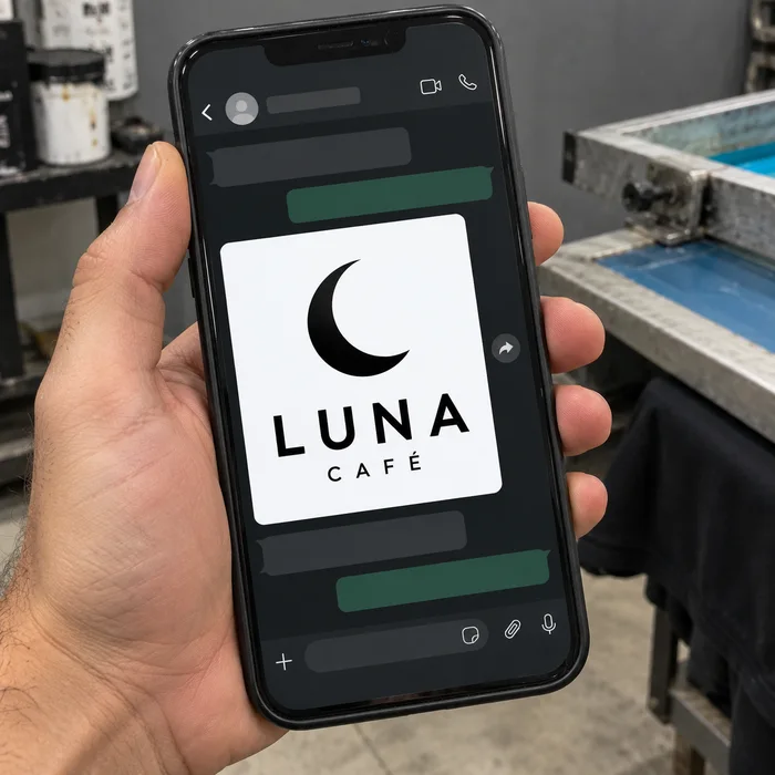 A phone showing the logo in a WhatsApp chat