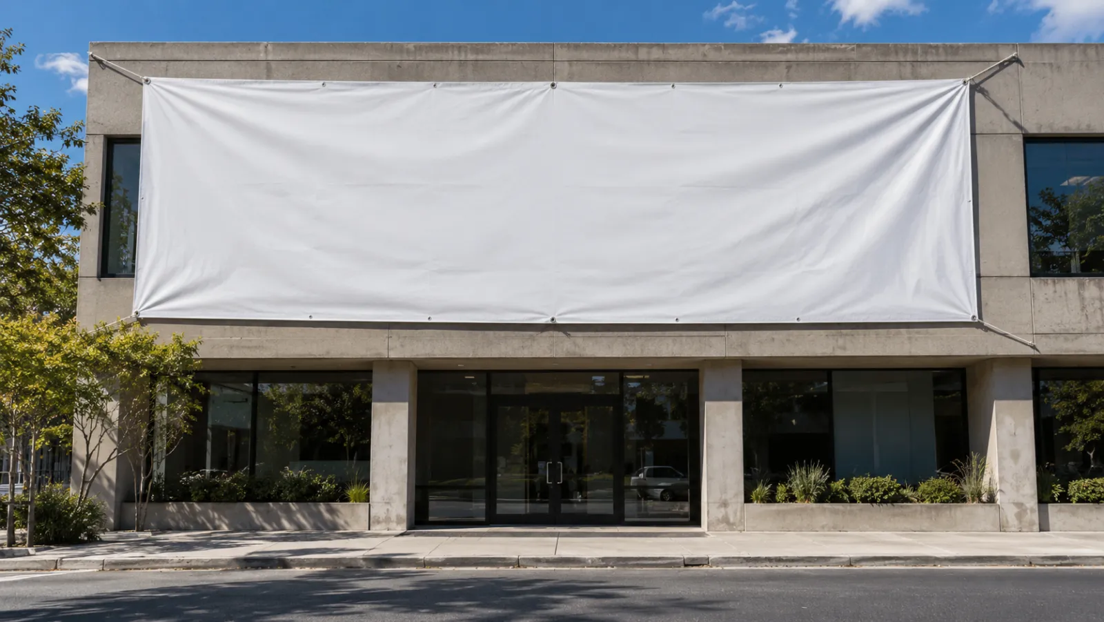 A printed banner on a storefront with a sample café logo