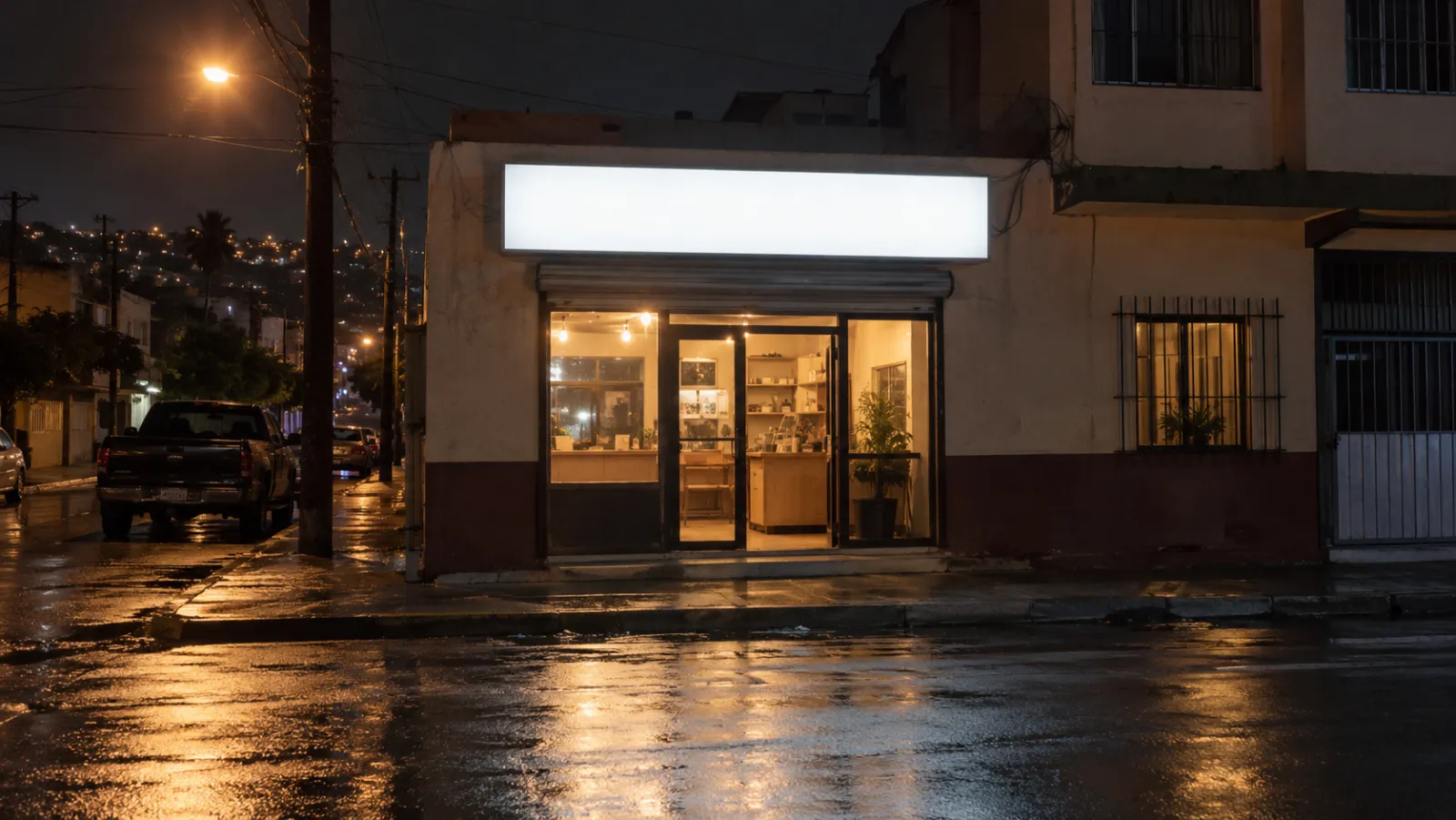 A storefront light box at night with a sample café logo