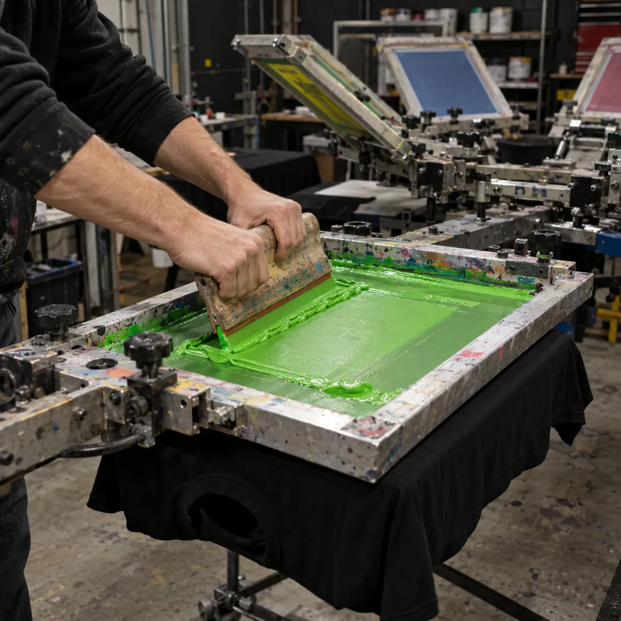 Screen printing press with lime ink